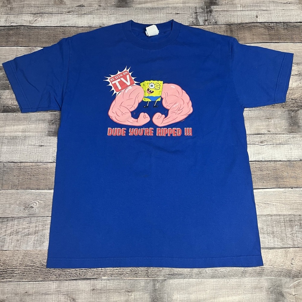 SpongeBob Shirt Size Large Blue Vintage 2002 Musclebob Nickelodeon TV Promo